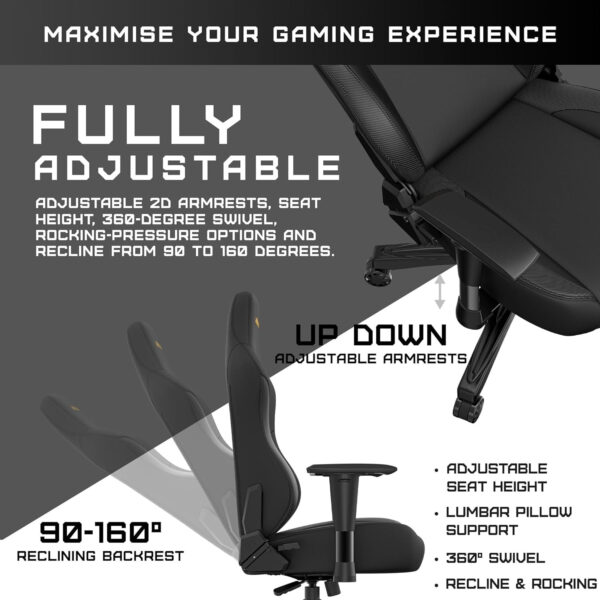 Anda Seat Phantom 3 Premium PVC Leather,Soft Head and Lumbar Pillows,Wide High-density Foam Seat - Black & Gold - Image 4