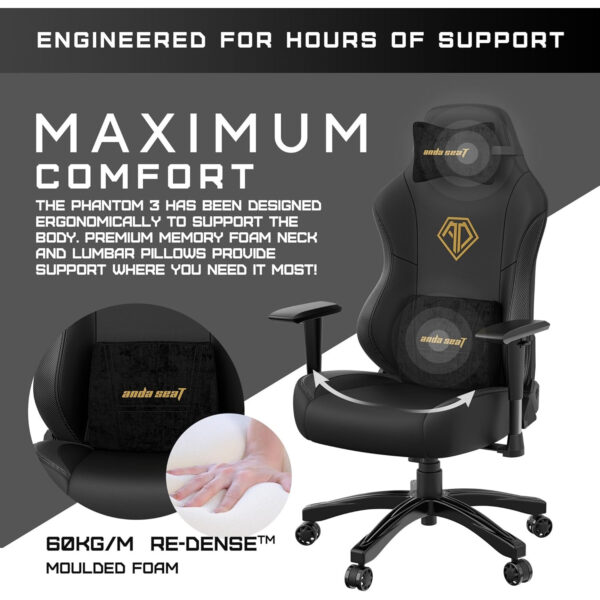 Anda Seat Phantom 3 Premium PVC Leather,Soft Head and Lumbar Pillows,Wide High-density Foam Seat - Black & Gold - Image 6