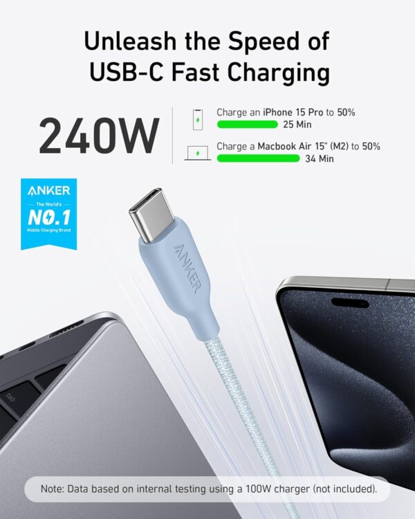 Anker USB-C to USB-C Cable (10ft/3m, 240W, Bio-Braided) Lake Blue - Image 6