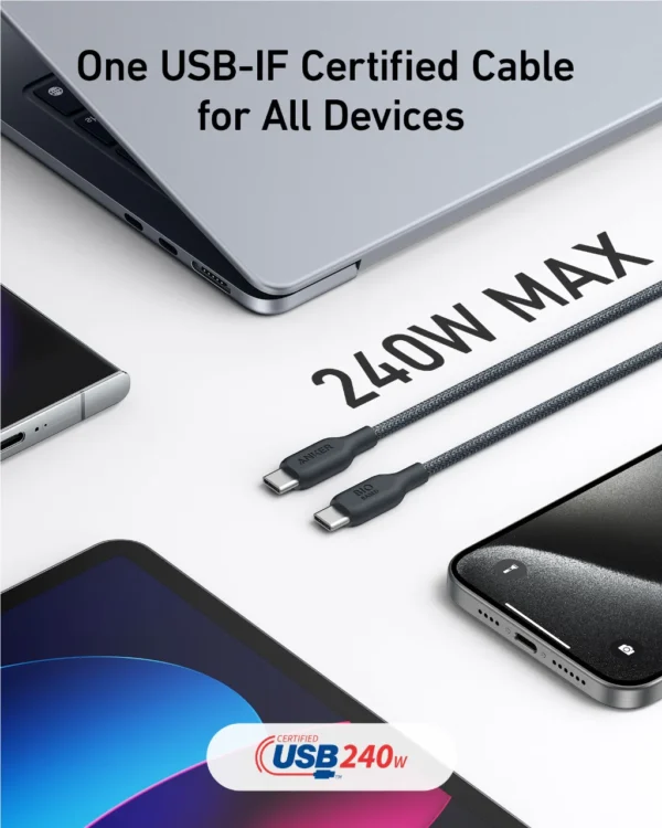 Anker USB-C to USB-C Cable (10ft/3m, 240W, Bio-Braided)  Black - Image 7