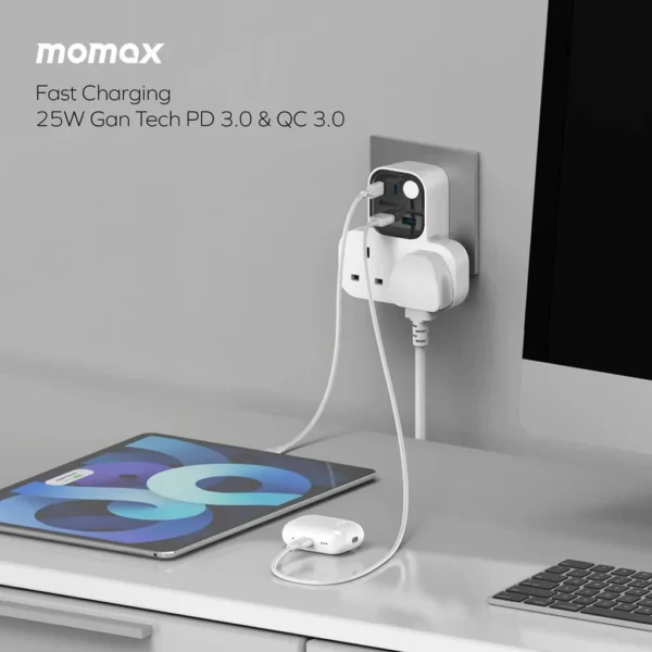 Momax 1-Charge Work Flow T-shaped Extention 2 Socket with USB  | White US17UKW - Image 5